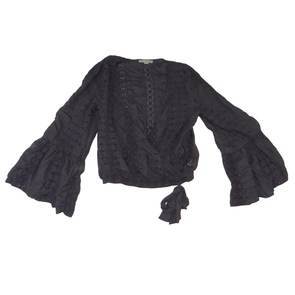 American Eagle Outfitters Gray Eyelet Wrap Top Bell Sleeve Boho V-Neck Small